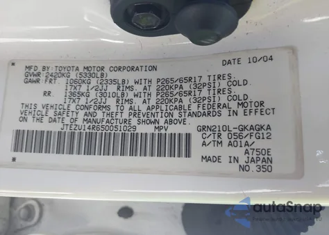 2005 Toyota 4Runner Sr5 V6 z USA, uszkodzony, nr VIN JTEZU14R650051029